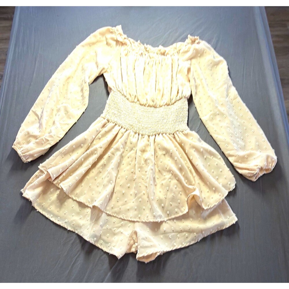 Women Beige Solid Off Shoulder Smocked Chiffon Puff Long Sleeve Romper Sz M